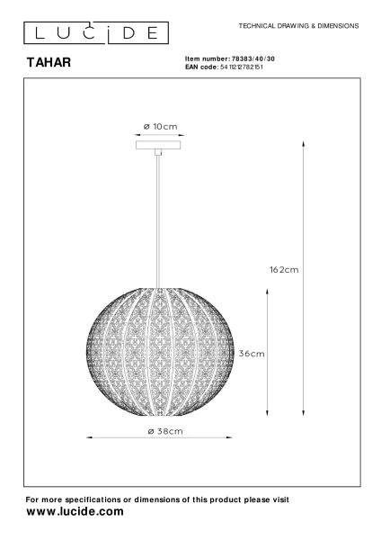 Lucide TAHAR - Pendant light - 1xE27 - Black - technical